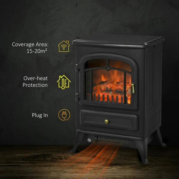Black electric fireplace stove with glass window and visible flame effect