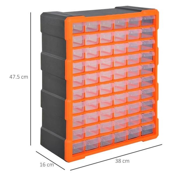 Orange parts organizer cabinet with clear drawer bins and black side panels; size shown