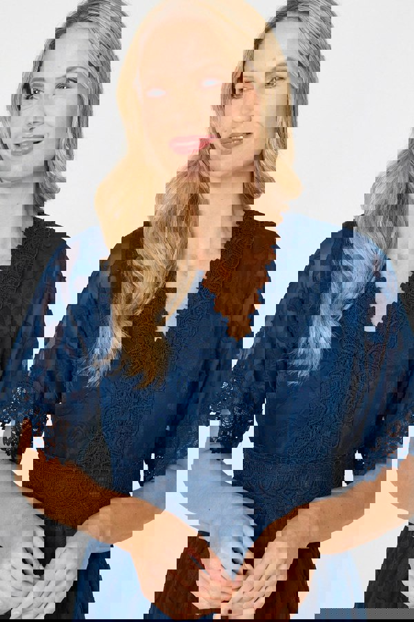 Navy | Floral Lace Frill 1/2 Sleeve Midi Dress
