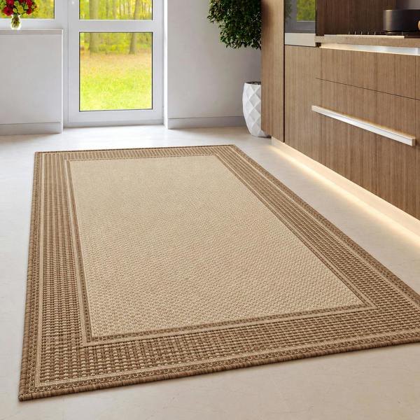 Non-Slip Beige Brown Rug Flat Weave Border Design Kitchen Dining Room Living Room Area Mat