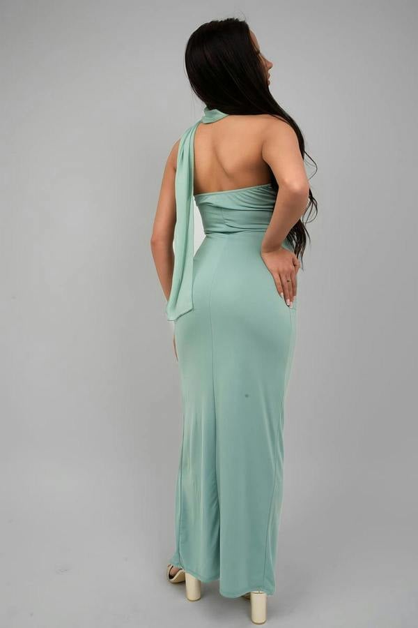 Celeste High Slit Draped Scarf Maxi Dress - Sage