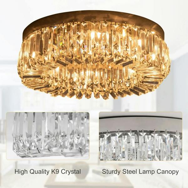 Golden-lit silver crystal ceiling light with dense hanging crystal prisms