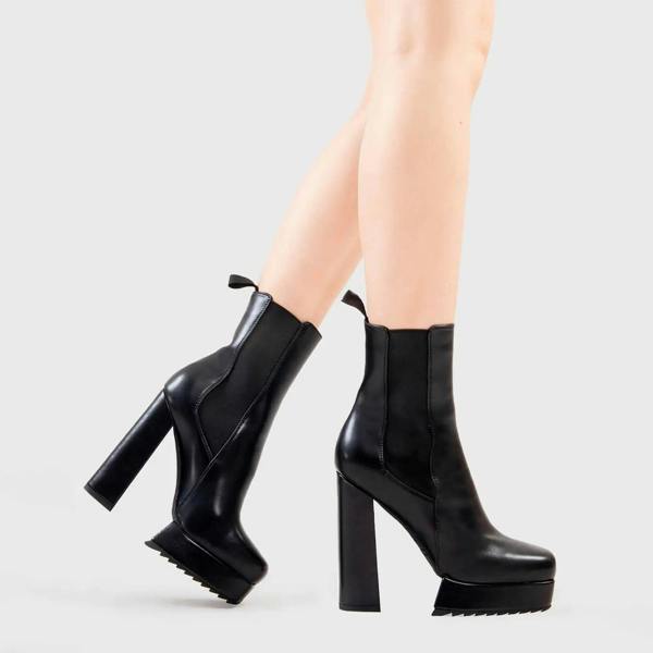 Lamoda Check In Black PU Platform Ankle Boots Stylish Streetwear Footwear