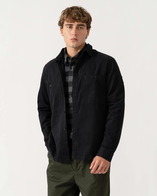 Man wearing Belstaff Mens Outpost Shirt Cotton Herringbone - Black
