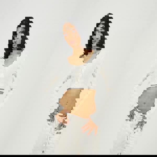 Brave Soul Ivory Cropped Long Sleeve & Wide Leg Lounge Set - Ivory Image 3