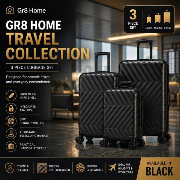 Gr8 Home 3 Piece Hard Shell Luggage Suitcase Set Cabin Medium Large TSA Lock Black