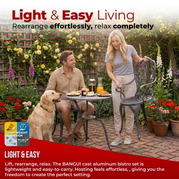 Centurion Supports BANGUI Grey Luxurious Garden and Patio Table and 2 Large Chairs with Armrests Cast Aluminium Bistro Set