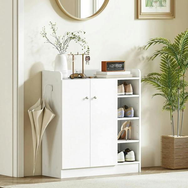 White shoe storage cabinet with 2 doors and open shoe shelves, corner view.