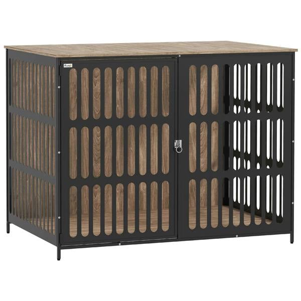 Walnut brown dog crate furniture with anti-chew wire mesh single door