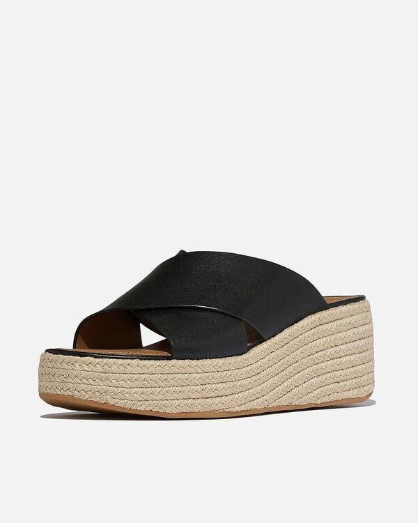 FitFlop Womens PLATFFORMS Espadrille Leather Wedge Cross Slides - Black 001