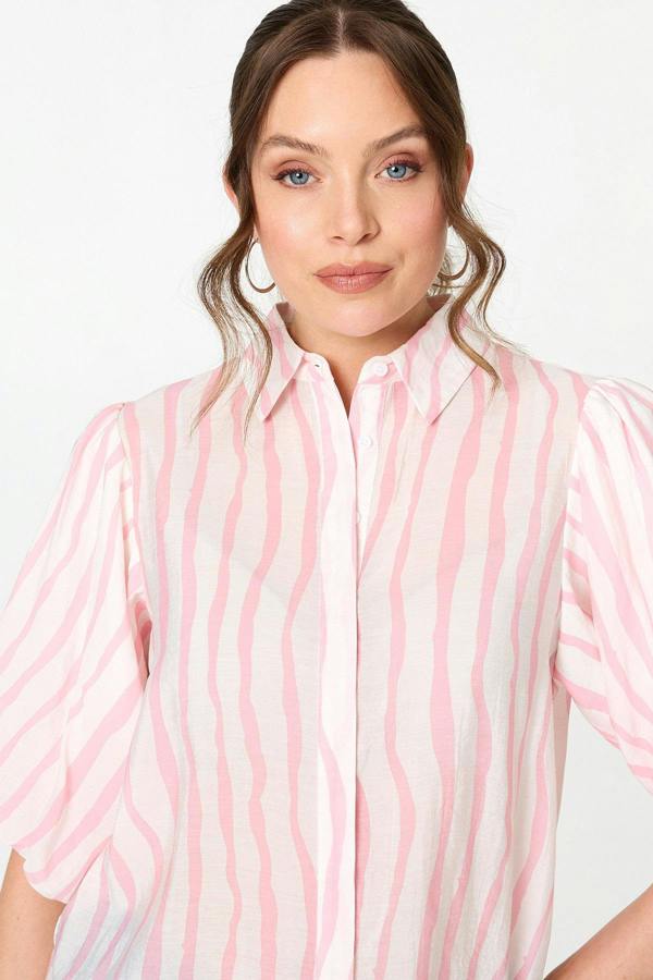 Pink | Striped 3/4 Puff Sleeve Shirt
