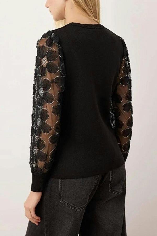 WOVCOR Knit Sweater with Tulle Garnish and Sleeve Detail