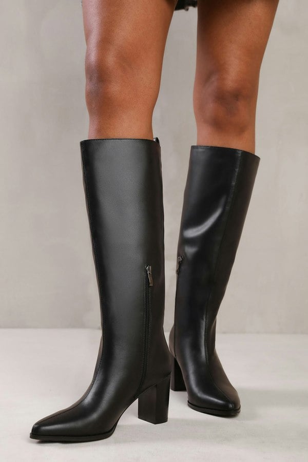 Where's That From Elder Block Heel Knee High Boots With Side Zip in Black Faux Leather