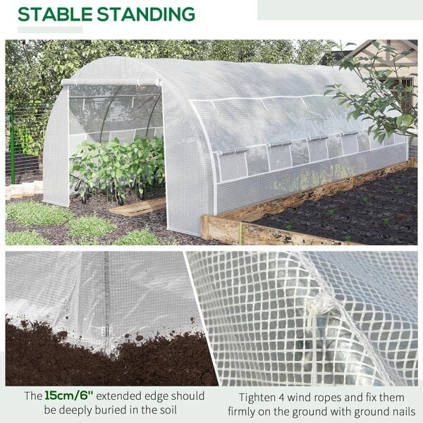 Bobobiy 6 x 3 x 2 m Polytunnel Greenhouse with Roll-up Side Walls, Walk-in Grow House Tent with Steel Frame, Zipped Door and 12 Mesh Windows, White