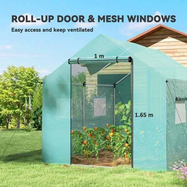 Green walk-in greenhouse with roll-up door and mesh ventilation windows