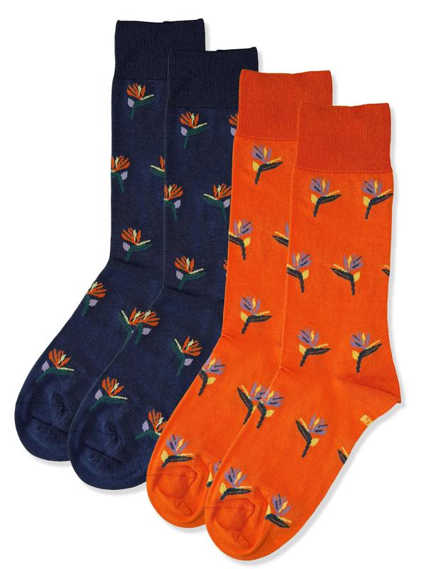 Jemsox Bird of Paradise Duo – 2 Pack Patterned Socks – Navy & Orange Tropical Design – UK 7-10.5