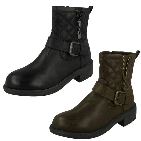 Spot On Ladies Spot On Mid Heel Quilted Biker Boots