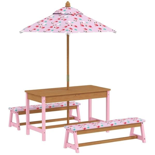 Kids pink picnic table set with patterned foldable umbrella and two matching benches