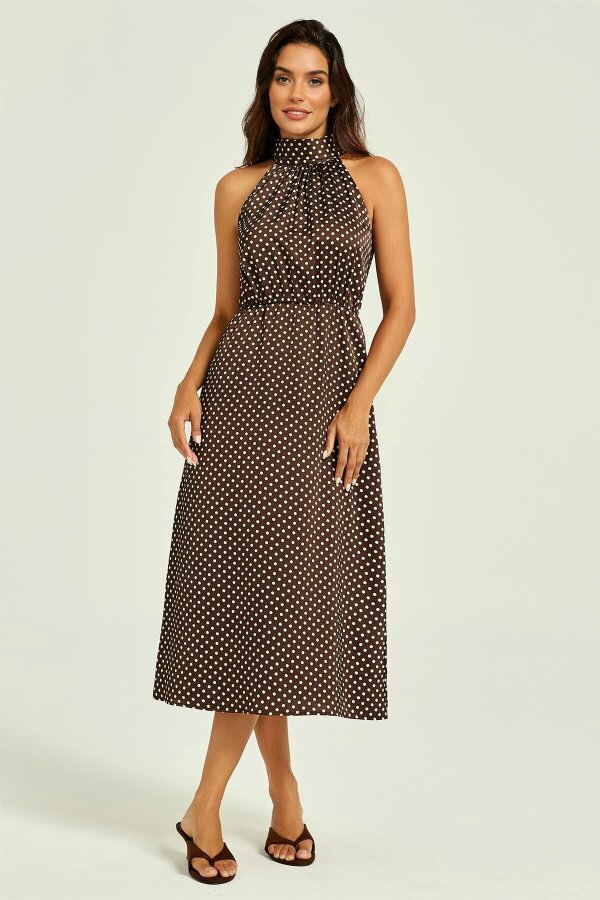 FS Collection Polka Dot Halterneck Tie Back Midi Dress In Brown