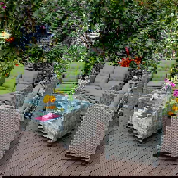 Mora Rattan 4 Seater Outdoor Conversation Set Garden Furniture Sofas with Coffee Table in Grey