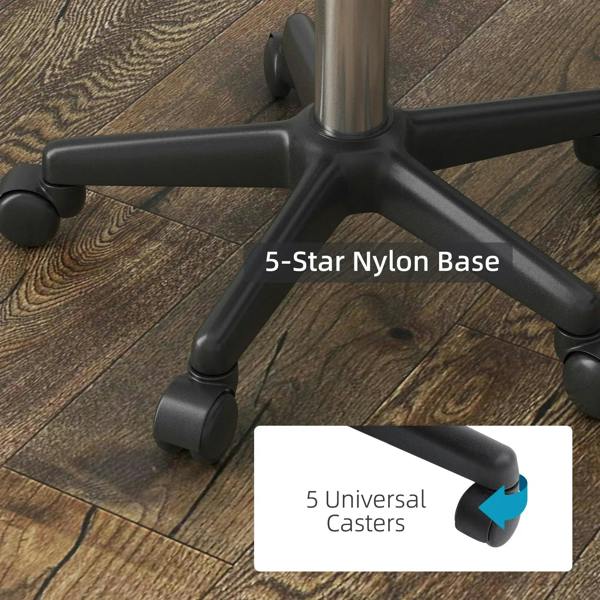 White salon chair base with 5-star nylon legs and universal caster wheels, on wood floor.