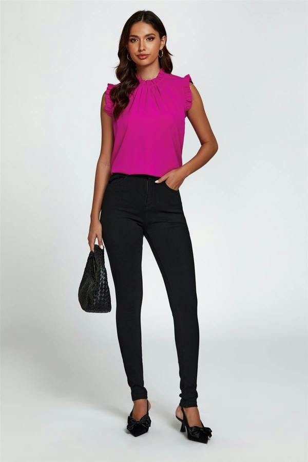 FS Collection Frill Trim Sleeve Frill Neck Blouse Top In Magenta