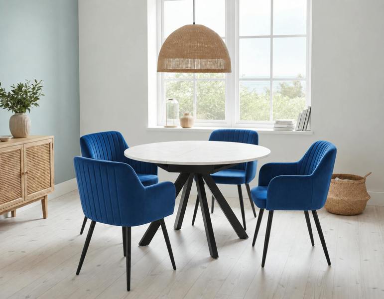 Outdoor Living Harley Extendable Dining Table  with 4 Charlotte Velvet Chairs - Blue