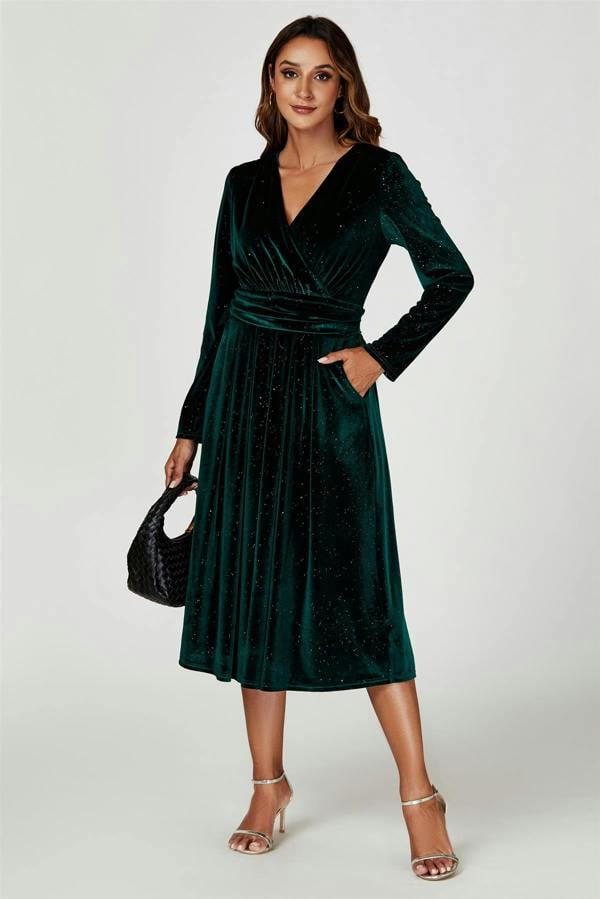 FS Collection Silver Sparkly Velvet Wrap Top Midi Dress In Green