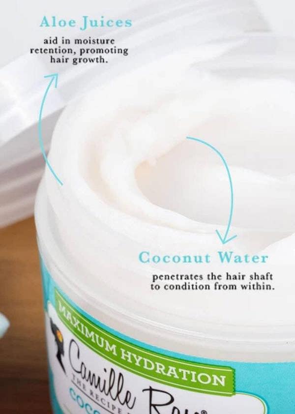 Jar of Camille Rose Naturals hair product with text about aloe juices and coconut water benefits.