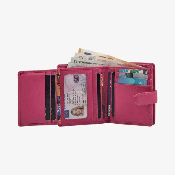 Compact pink leather purse for women with secure snap fastening