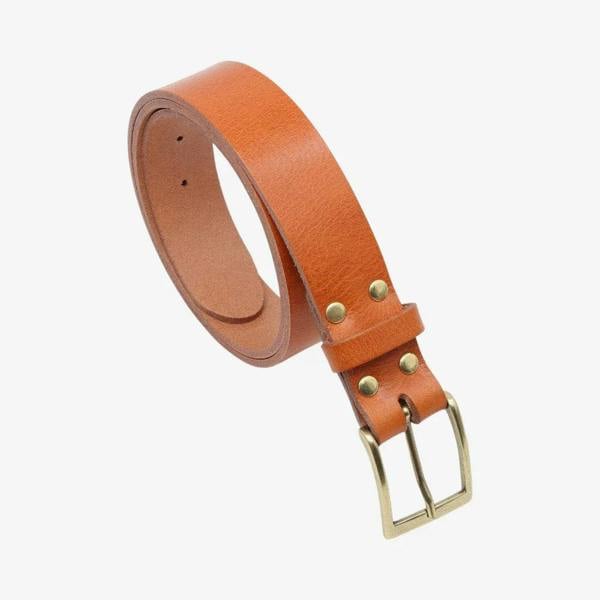 Brandy leather belt with gold buckle on a white background
