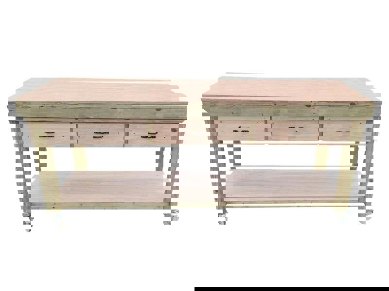 Wooden eucalyptus Top Workbench – Mobile Tool Cabinet with Drawers and Wheels, Ideal for Dry Indoor Spaces Such as Garages, Workshops, and Studios.