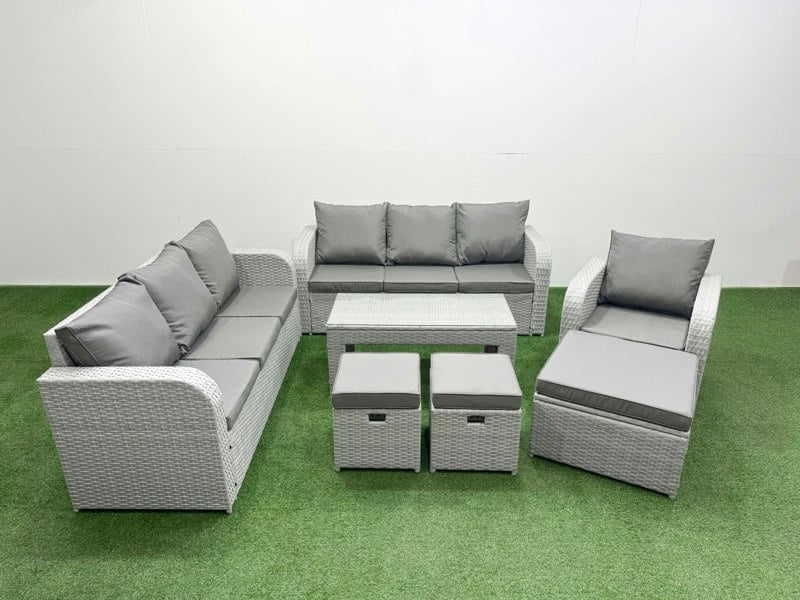 Fimous 10-Seater Light Grey Poly Rattan Outdoor Sofa Set | Oblong Coffee Table, 2x 3-Seater Sofas, Reclining Chair, 3 Stools