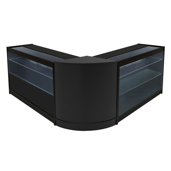 Sleek black Hera LED shop counter set featuring curved design, glass display shelves, and modern aesthetic for retail spaces