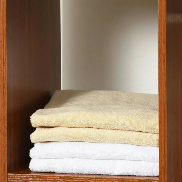 Walnut storage wardrobe shelf with neatly folded light towels