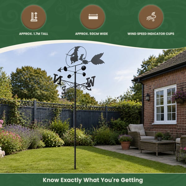 Witch Steel Weathervane, Black Painted All-Steel Weather Vane With Wall Fixings and 1.7m Ground Spike, Wind Speed Cups