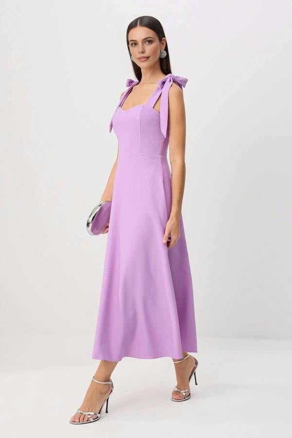 Hoxton Gal Elegant Woven Midi A-Line Dress with Tie-Strap Detail