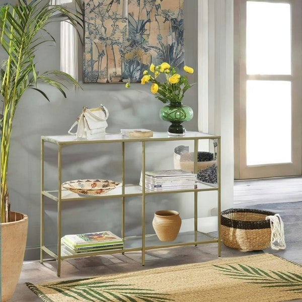 Rafaelo Mobilia Industrial Hallway Table With 3 Tempered Glass Shelves Gold