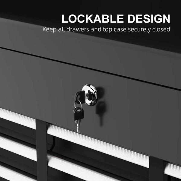 Black tool chest lock with keys on the front panel