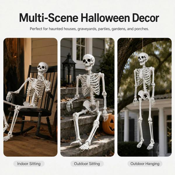 Yezi Halloween Skeleton Life Size 185cm Posable Joints Haunted House Patio White