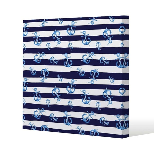 Benjamin Tate Design Blue Anchors on Navy Striped Background (Canvas Print)