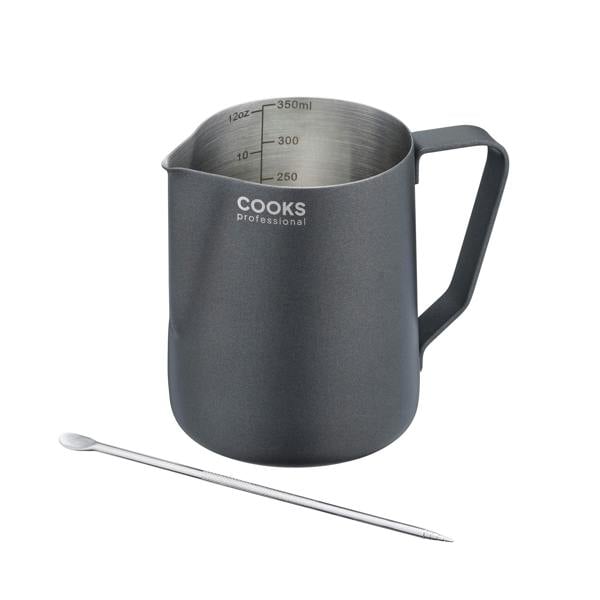 Cooks Professional Stainless Steel 350ml Milk Steaming Jug | Black | Latte Art Pen Included