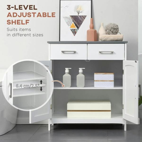 White bathroom cabinet with open doors showing adjustable shelf and two drawers above