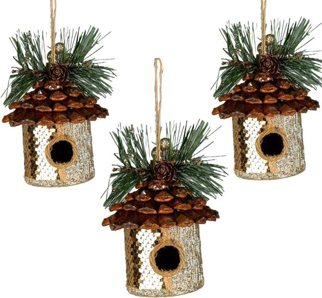 10x11cm Gold Sequin Birdhouse Christmas Hanging Decorations, Set of 3 with Jute Woodland Detail image 3