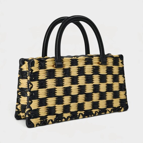 Tory Burch Ella Hand-Crotcheted Checkered Top Hand Bag Black Natural