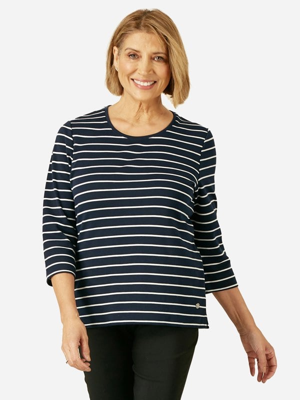 PennyPlain Round Neck Striped Top - French Navy