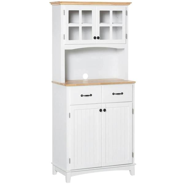 White kitchen cupboard with framed glass upper doors and two drawers