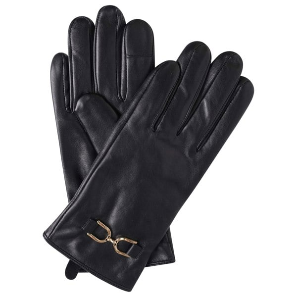 Image displays a pair of black leather gloves photographed against a white background. The gloves have a gold buckle detail on the cuff.