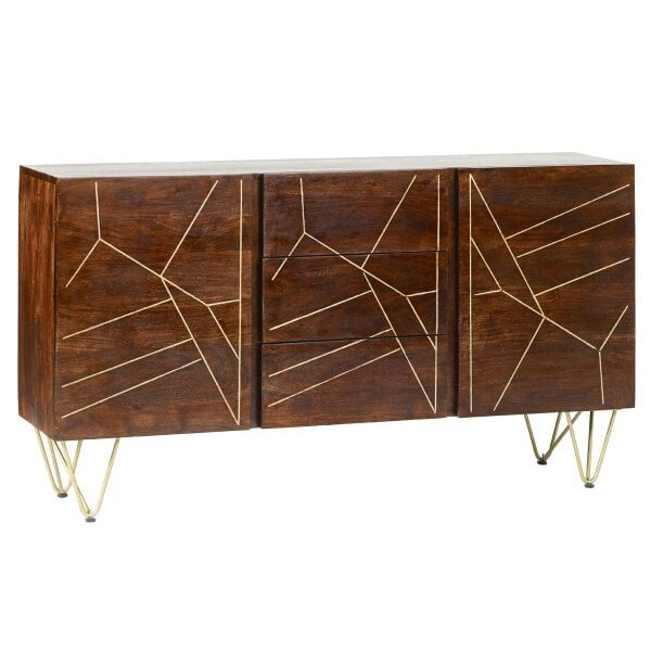 Wyld Haus Bandung Dark Mango Wood and Gold Large Sideboard 3 Drawers 2 Doors