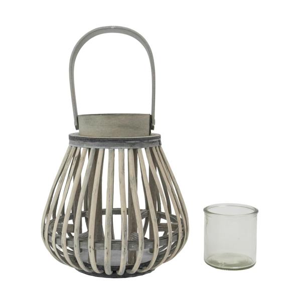JVL Luna Natural Bulb Shaped Willow Wood Lantern With Wooden Handle, Grey Wash